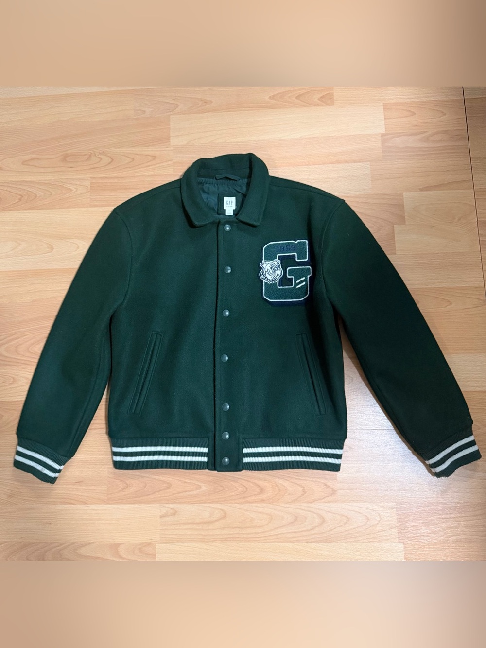 GAP Green Wool-Blend Varsity Jacket with Letter Patch